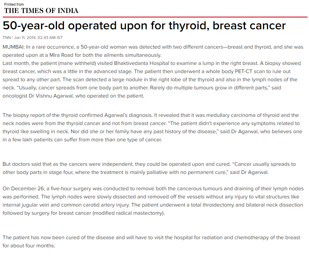 Dr. Vishnu Agarwal - Breast Cancer and Thyroid Cancer Surgery Case Surgeon TOI Mumbai Article