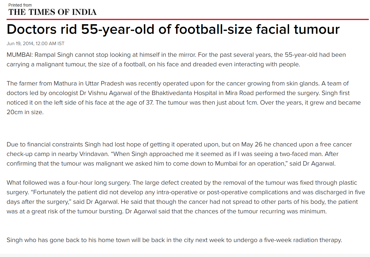 Dr. Vishnu Agarwal - Facial Tumor Surgery Case Surgeon TOI Mumbai Article