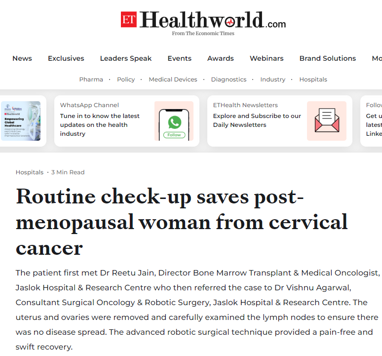 Dr. Vishnu Agrawal - Cervical Cancer Surgeon - Economic Times Article - September 2024